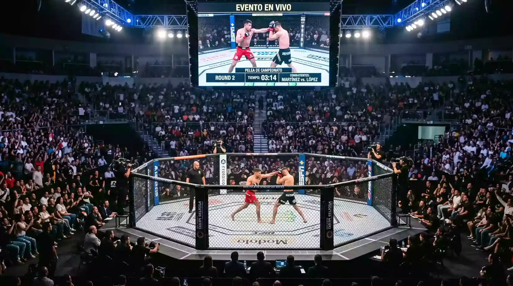 Público viendo un combate de MMA en vivo en un recinto deportivo con pantallas de cuotas