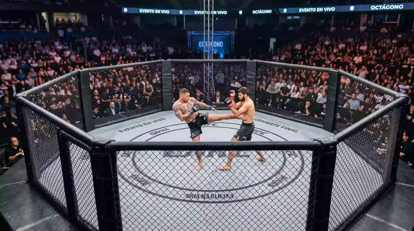 Octágono de MMA durante un evento de artes marciales mixtas con iluminación profesional